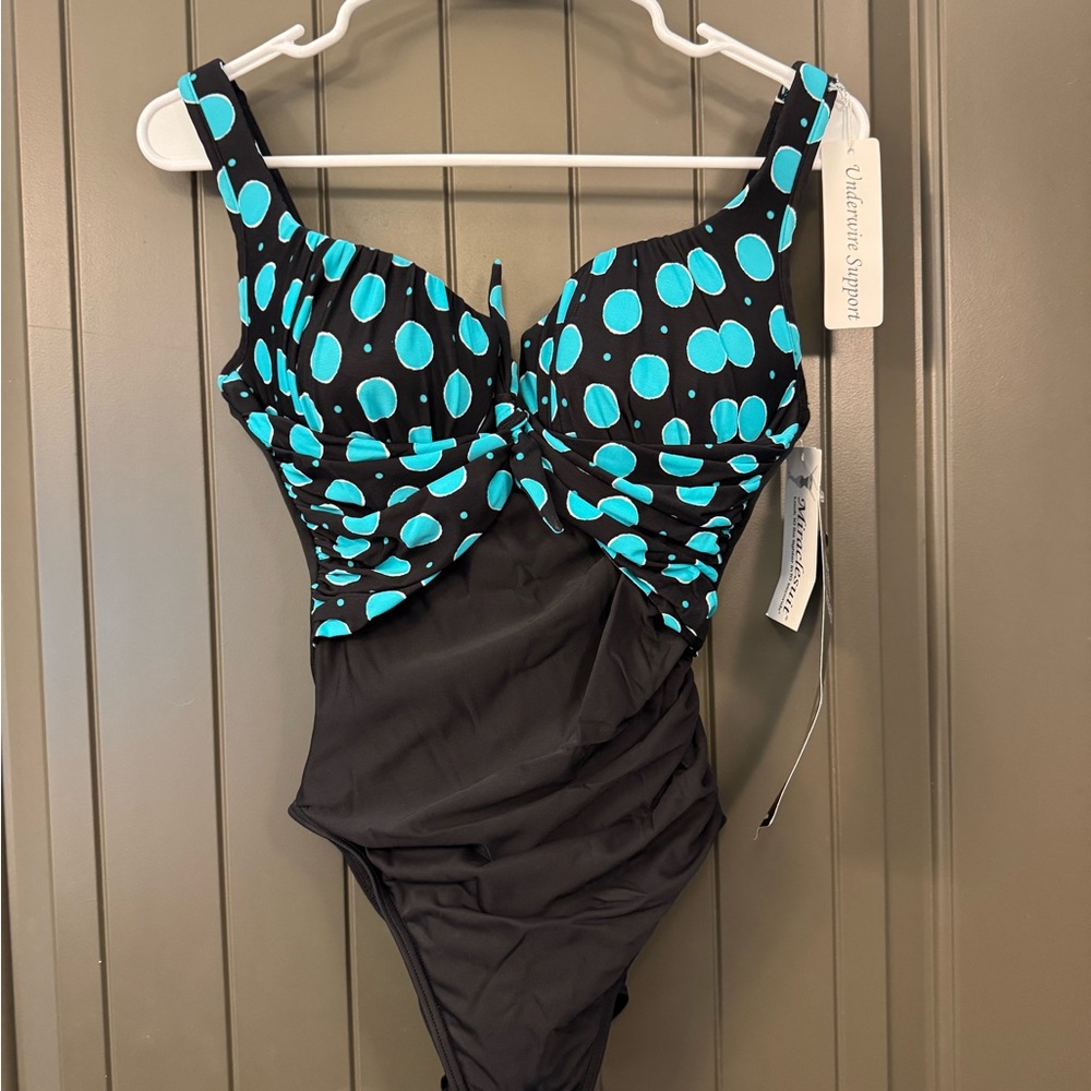 Miraclesuit Black and Blue One Piece with Polka Dot Design